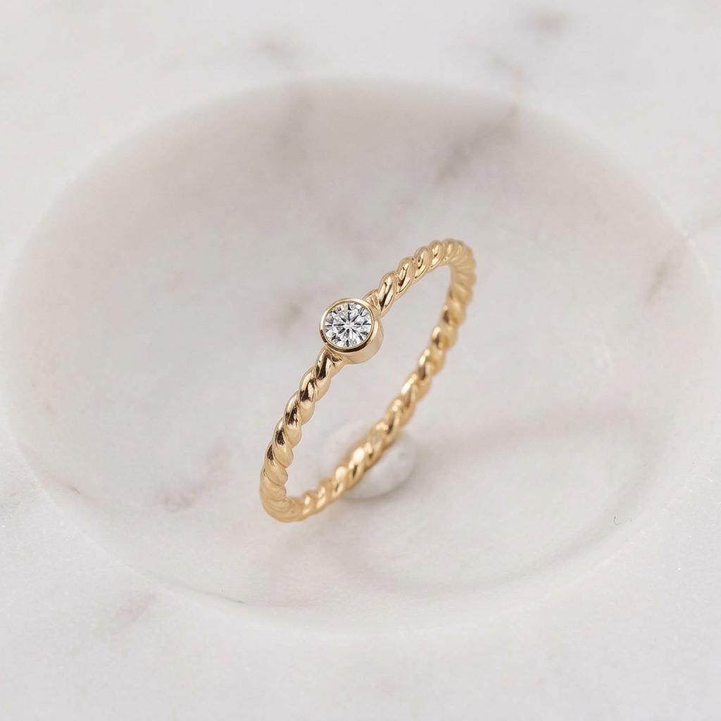 14K Solid Gold Moissanite Rope Twist Ring, Engagement Wedding Band