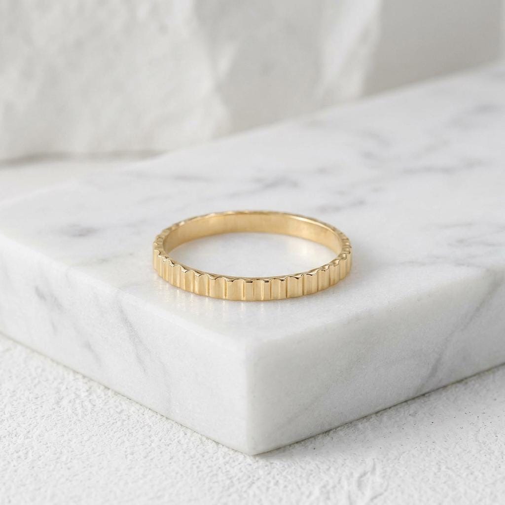 14K Solid Gold Tiny Bar Striped Ring Wedding Band