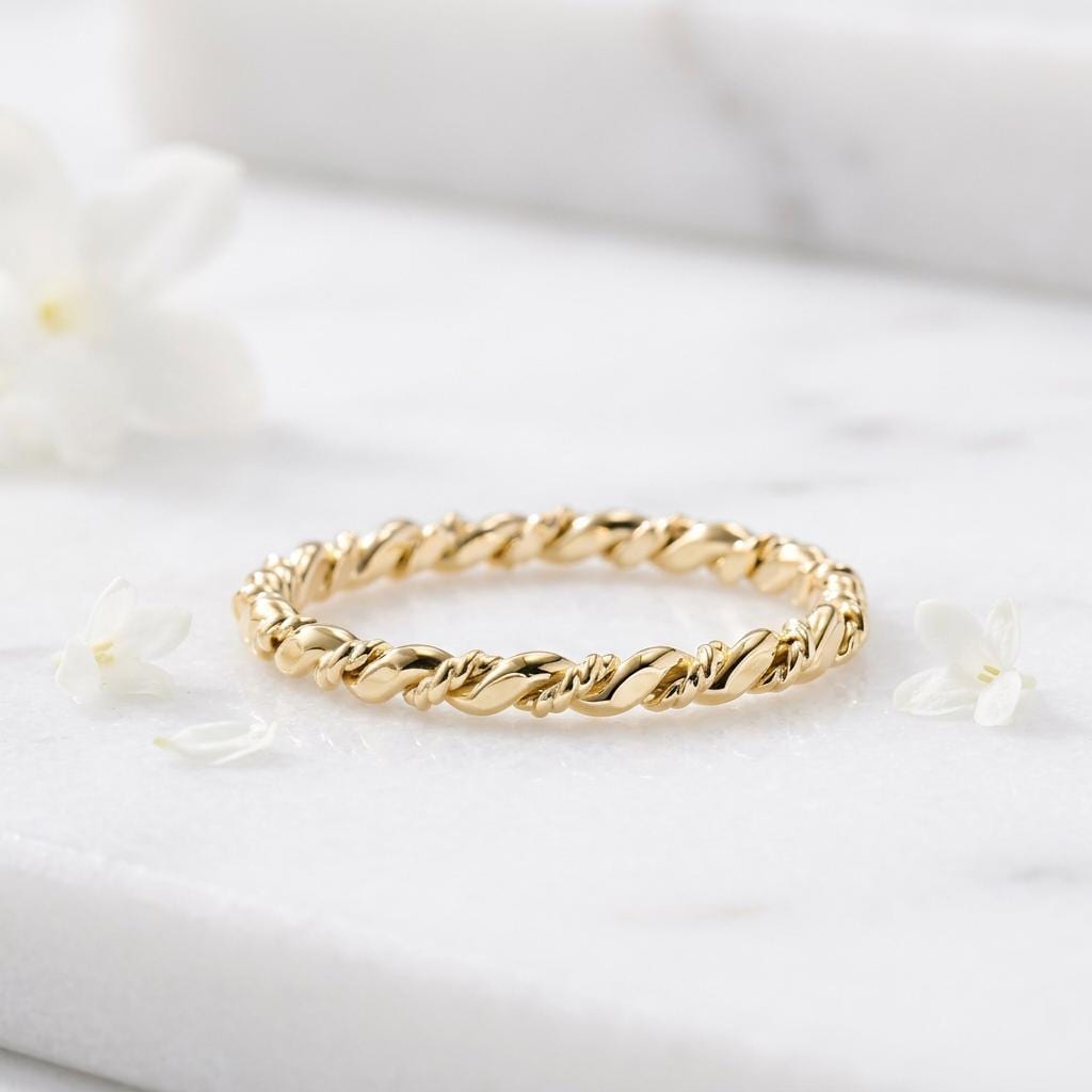 14K Solid Gold Rope Twist Ring, Stacking Ring for Women