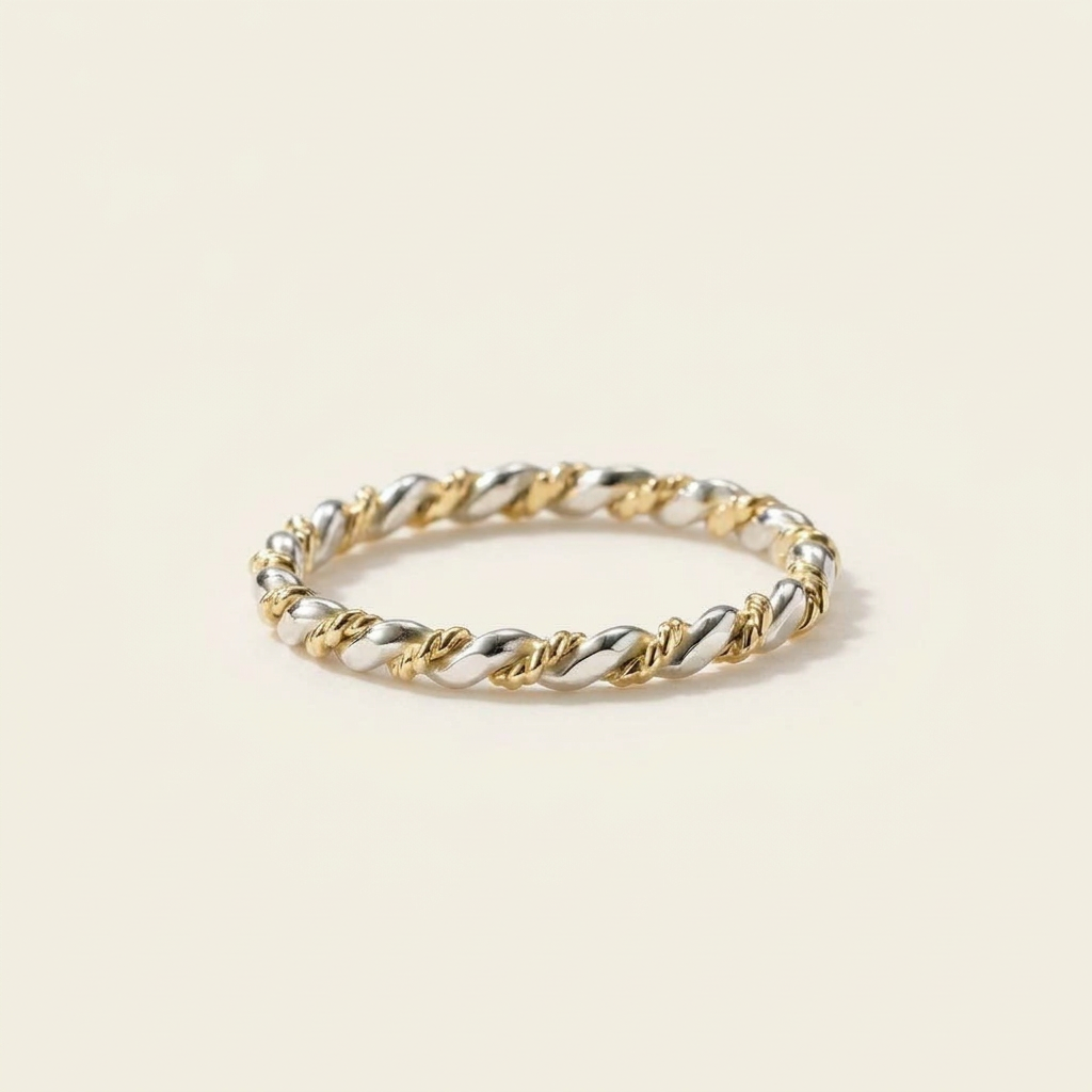14K Solid Gold Two-Tone Shiny Layering Ring Stackable Band