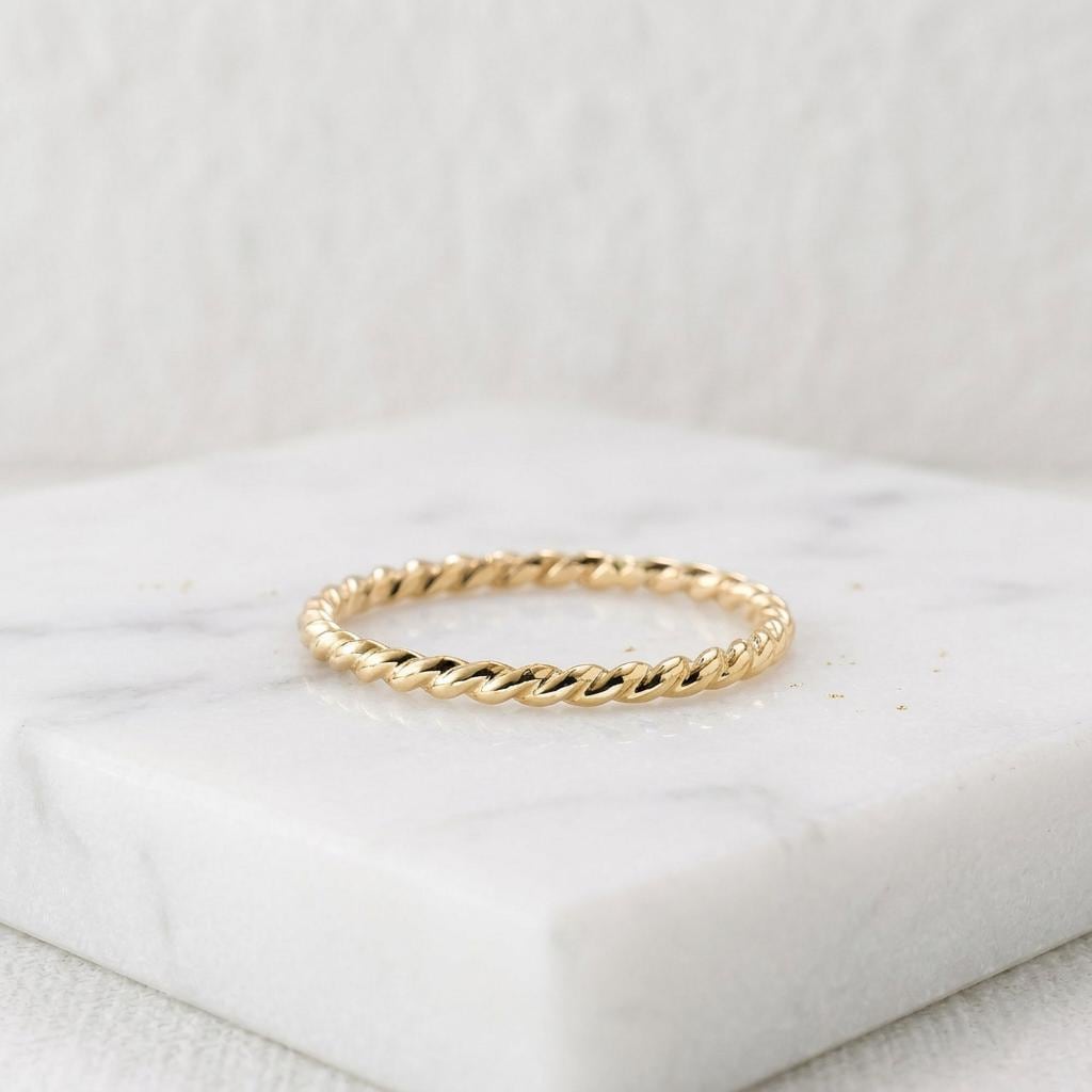 14K Solid Gold 1.6 mm Rope Twist Ring, Dainty Twisted Wedding Band