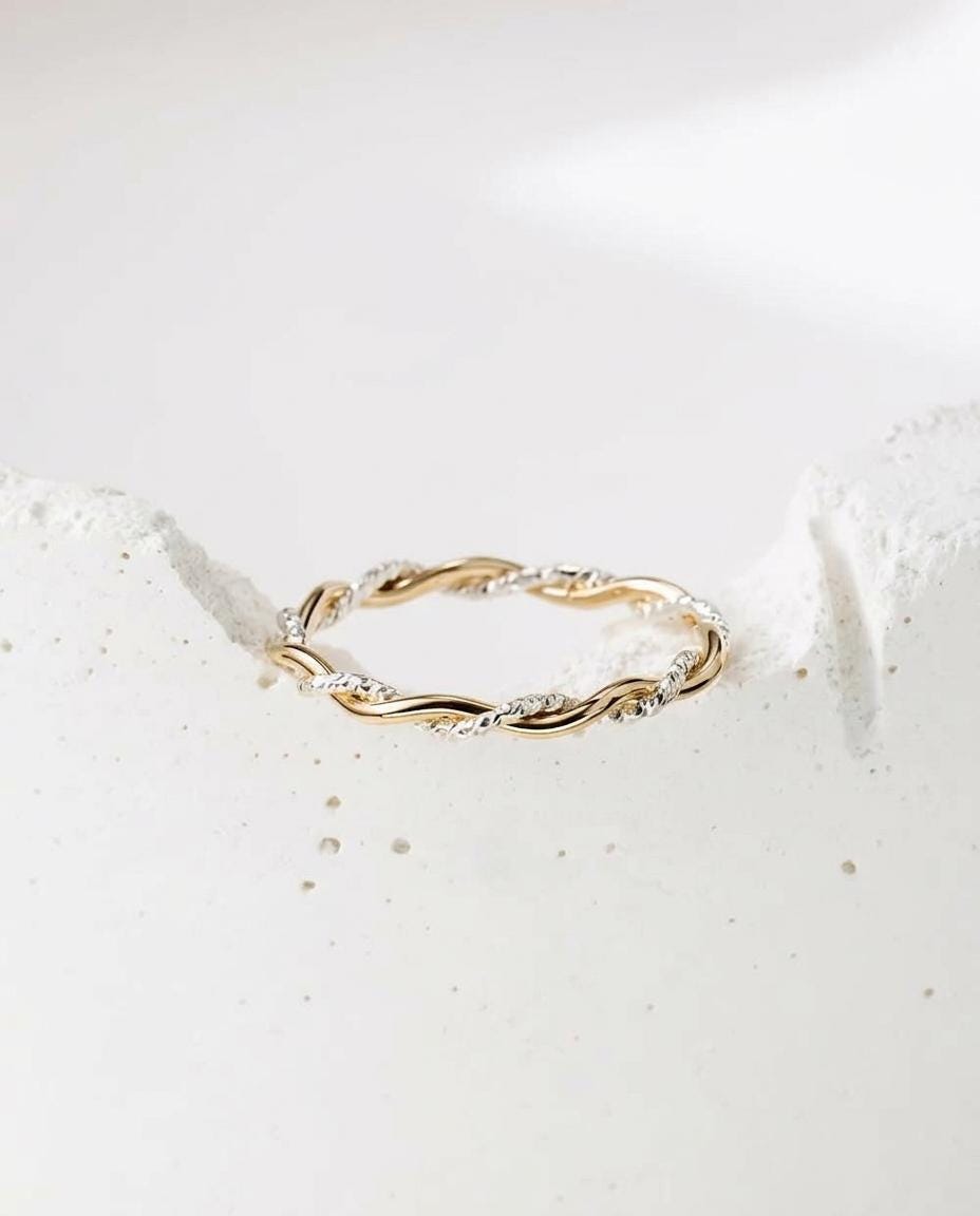 Handcrafted Solid 14K Gold Two Tone Faceted Rope Twist Ring