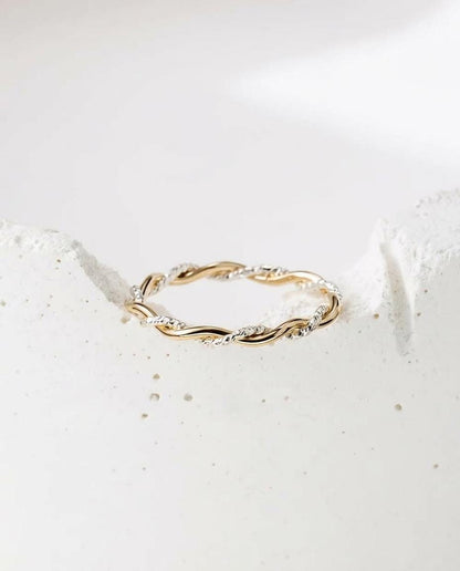 Handcrafted Solid 14K Gold Two Tone Faceted Rope Twist Ring