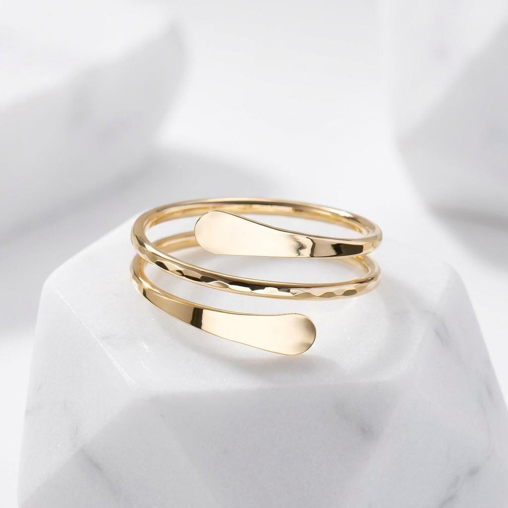 14K Solid Gold Multi Faceted Open Ring, Adjustable Cracked Cut Band