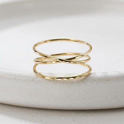 14K Solid Gold Multi Faceted Ring, Cross Twist Woven Band