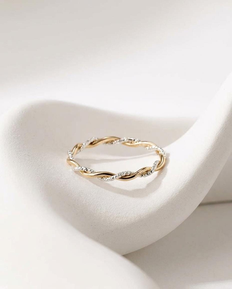 Handcrafted Solid 14K Gold Two Tone Faceted Rope Twist Ring