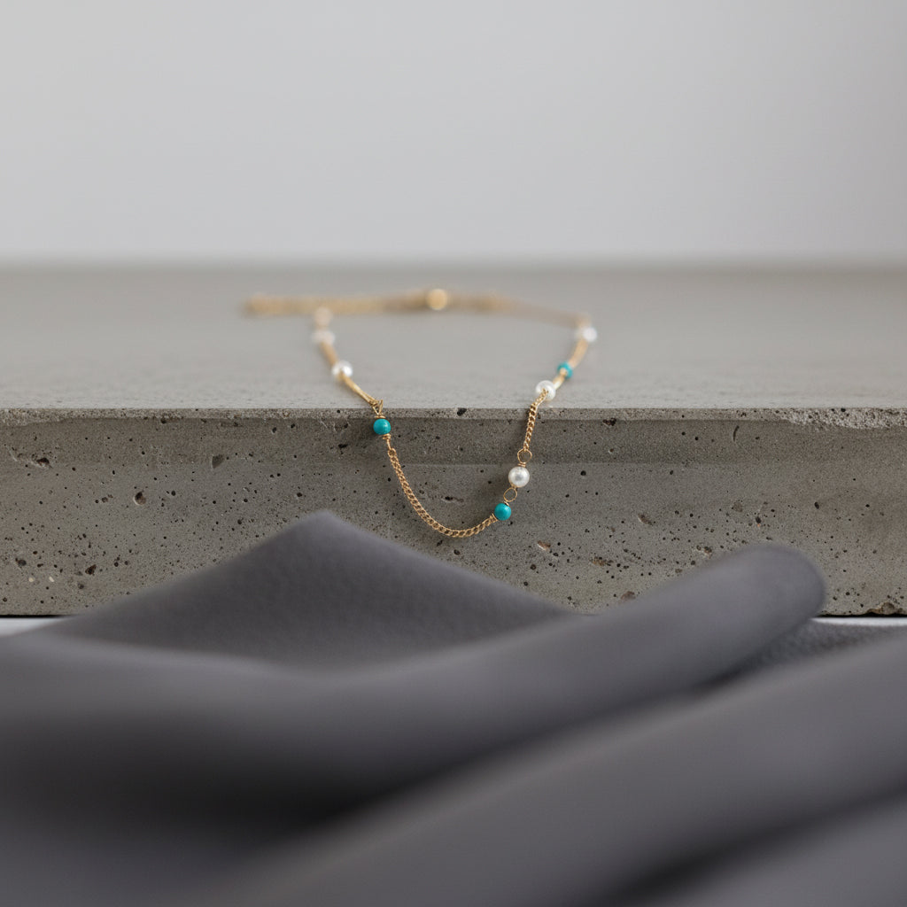 14K Gold Natural Turquoise & Pearl Necklace Everyday Necklace