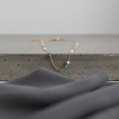 14K Gold Natural Turquoise & Pearl Necklace Everyday Necklace