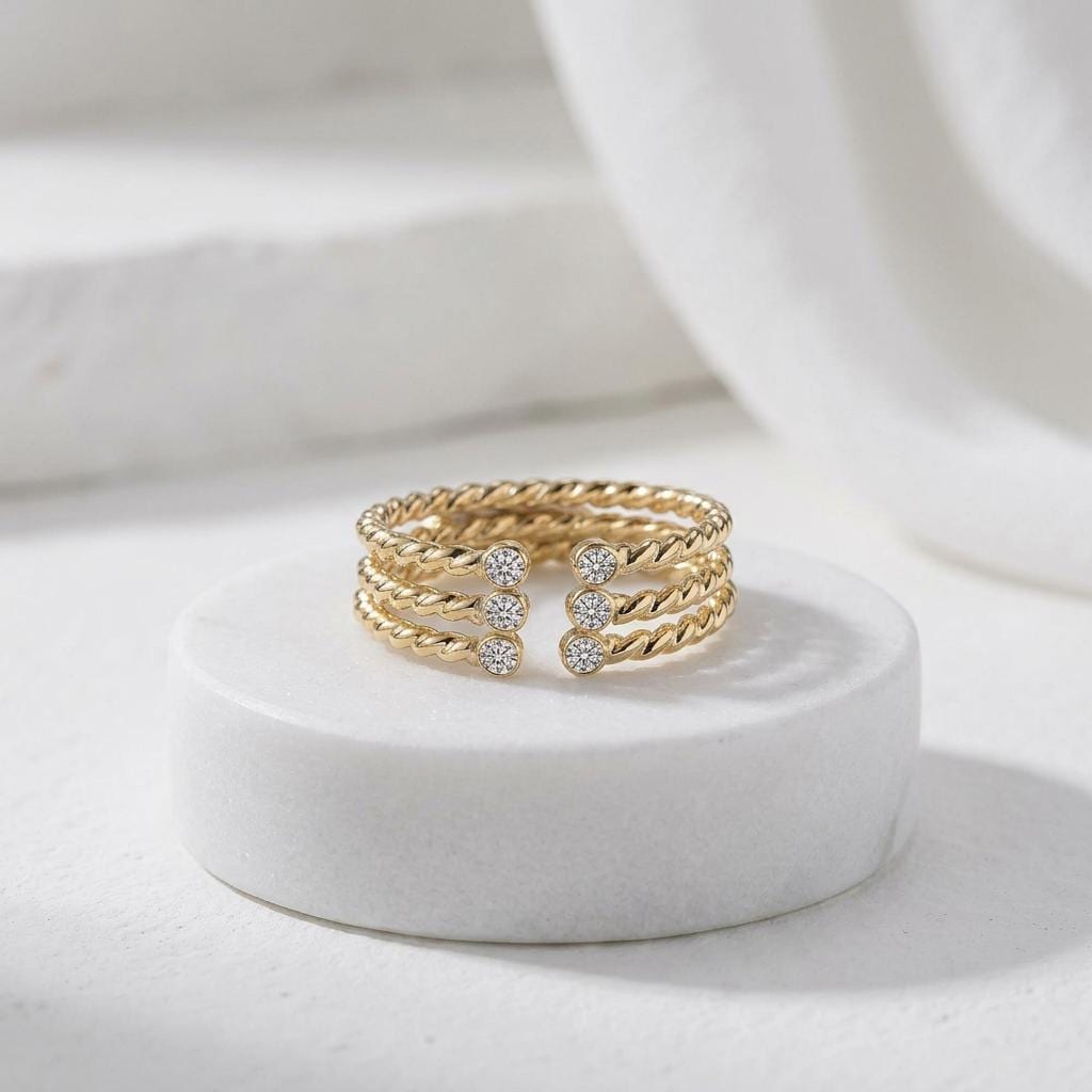 Solid 14K Gold Rope Twist Moissanite Open Ring Adjustable Band