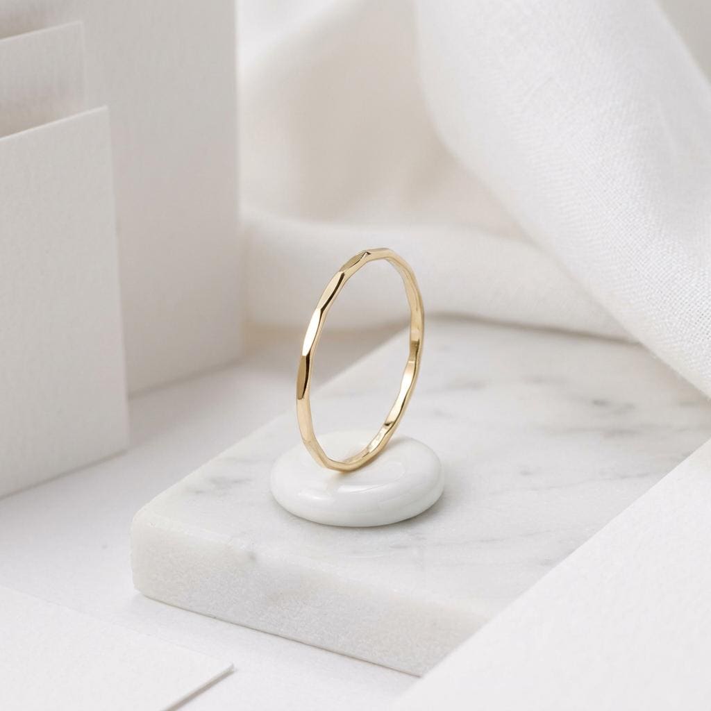 14K Solid Gold Faceted 1 mm Thin Ring, Dainty Sparkly Pinky Ring