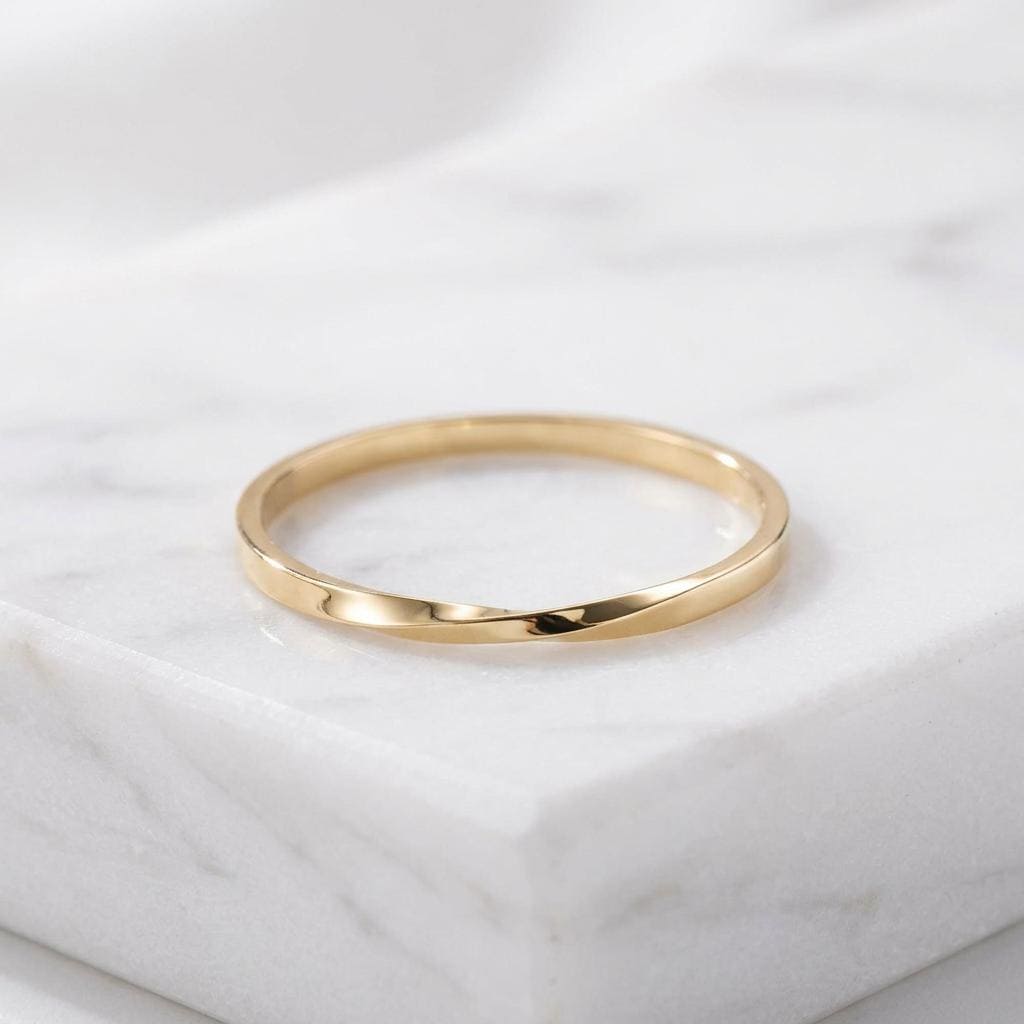 14K Solid Gold Moebius Ring, Infinity Twist Band, Pinky Ring