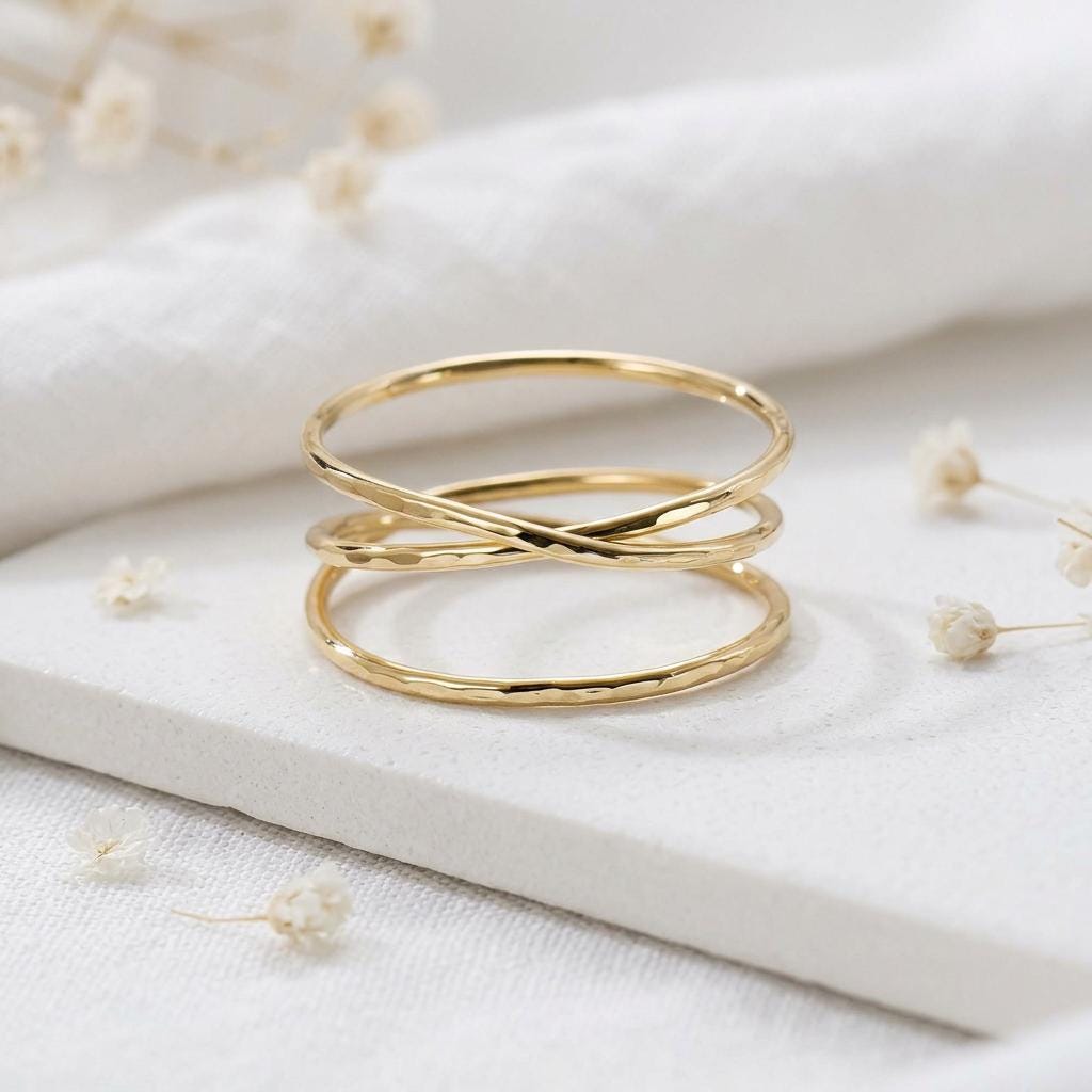 14K Solid Gold Multi Faceted Ring, Cross Twist Woven Band