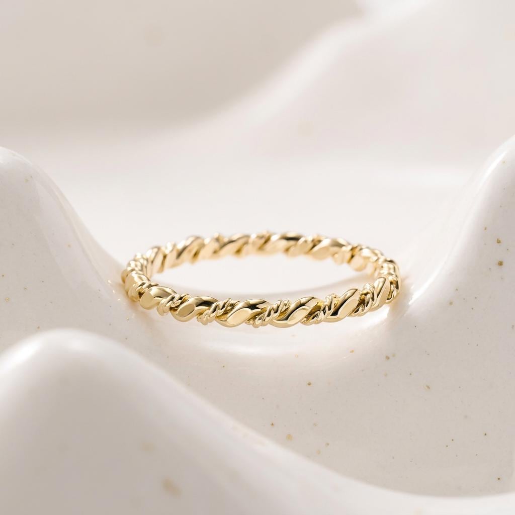 14K Solid Gold Rope Twist Ring, Stacking Ring for Women