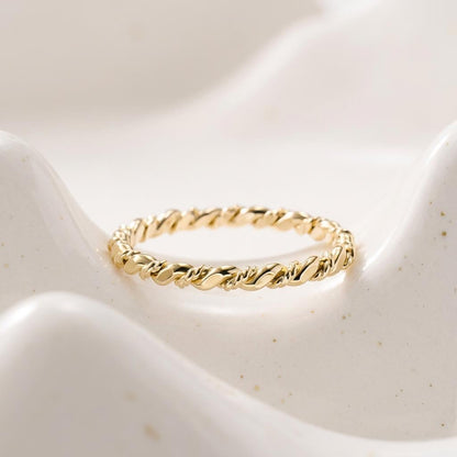 14K Solid Gold Rope Twist Ring, Stacking Ring for Women