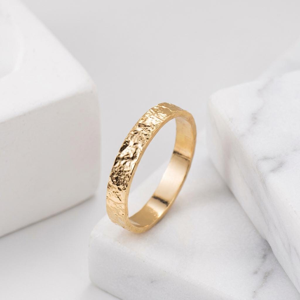 14K Solid Gold Crinkle Texture Ring, Organic Lava Flow Wedding Band