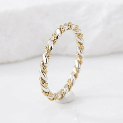 14K Solid Gold Two-Tone Shiny  Layering Ring Stackable Band