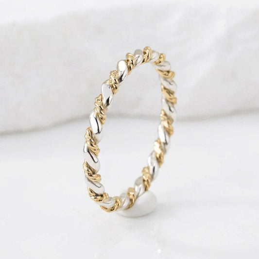 14K Solid Gold Two-Tone Shiny  Layering Ring Stackable Band