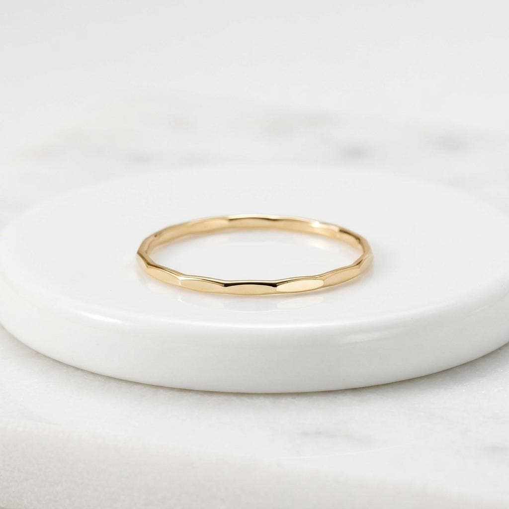 14K Solid Gold Faceted 1 mm Thin Ring, Dainty Sparkly Pinky Ring