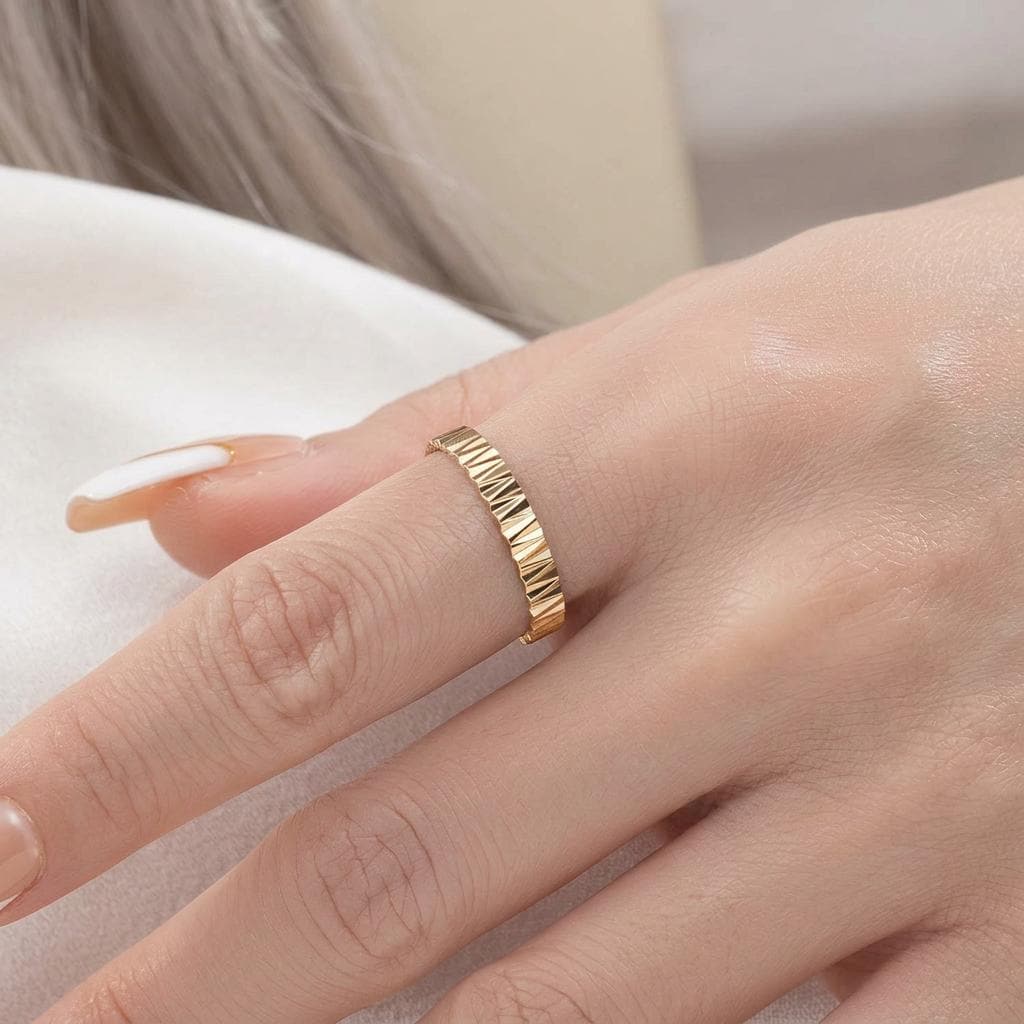 14K Solid Gold Faceted Ring Dainty Brilliance Wedding Ring