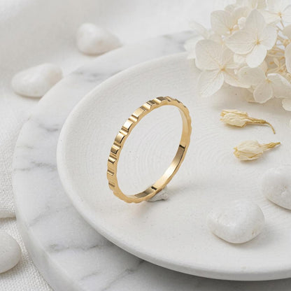 14K Solid Gold Cube Texture Ring, Geometric Square Wedding Ring