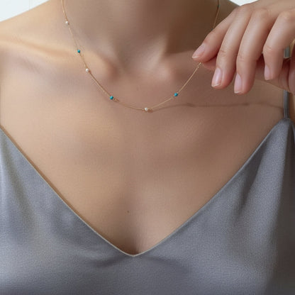 14K Gold Natural Turquoise & Pearl Necklace Everyday Necklace