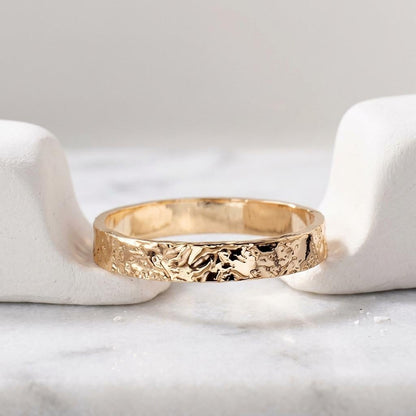 14K Solid Gold Crinkle Texture Ring, Organic Lava Flow Wedding Band