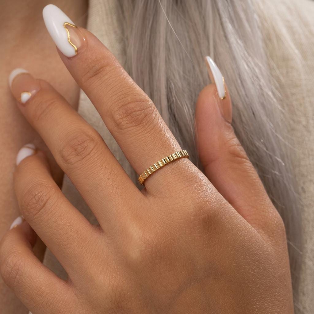 14K Solid Gold Tiny Bar Striped Ring Wedding Band