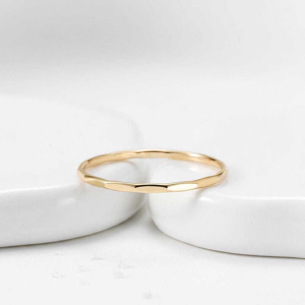 14K Solid Gold Faceted 1 mm Thin Ring, Dainty Sparkly Pinky Ring