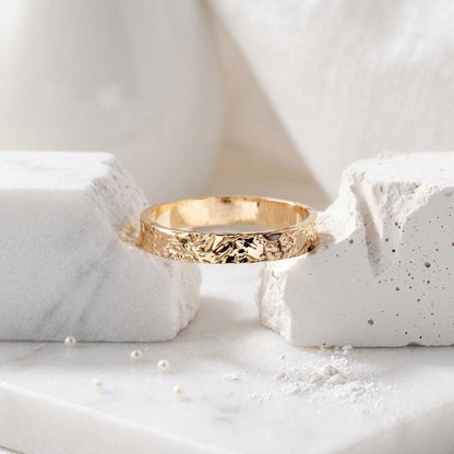 14K Solid Gold Crinkle Texture Ring, Organic Lava Flow Wedding Band