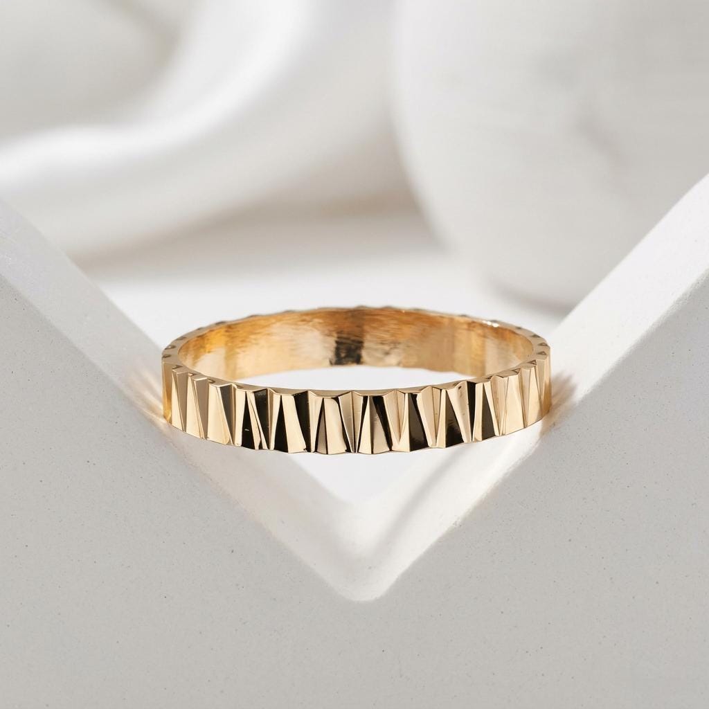 14K Solid Gold Faceted Ring Dainty Brilliance Wedding Ring