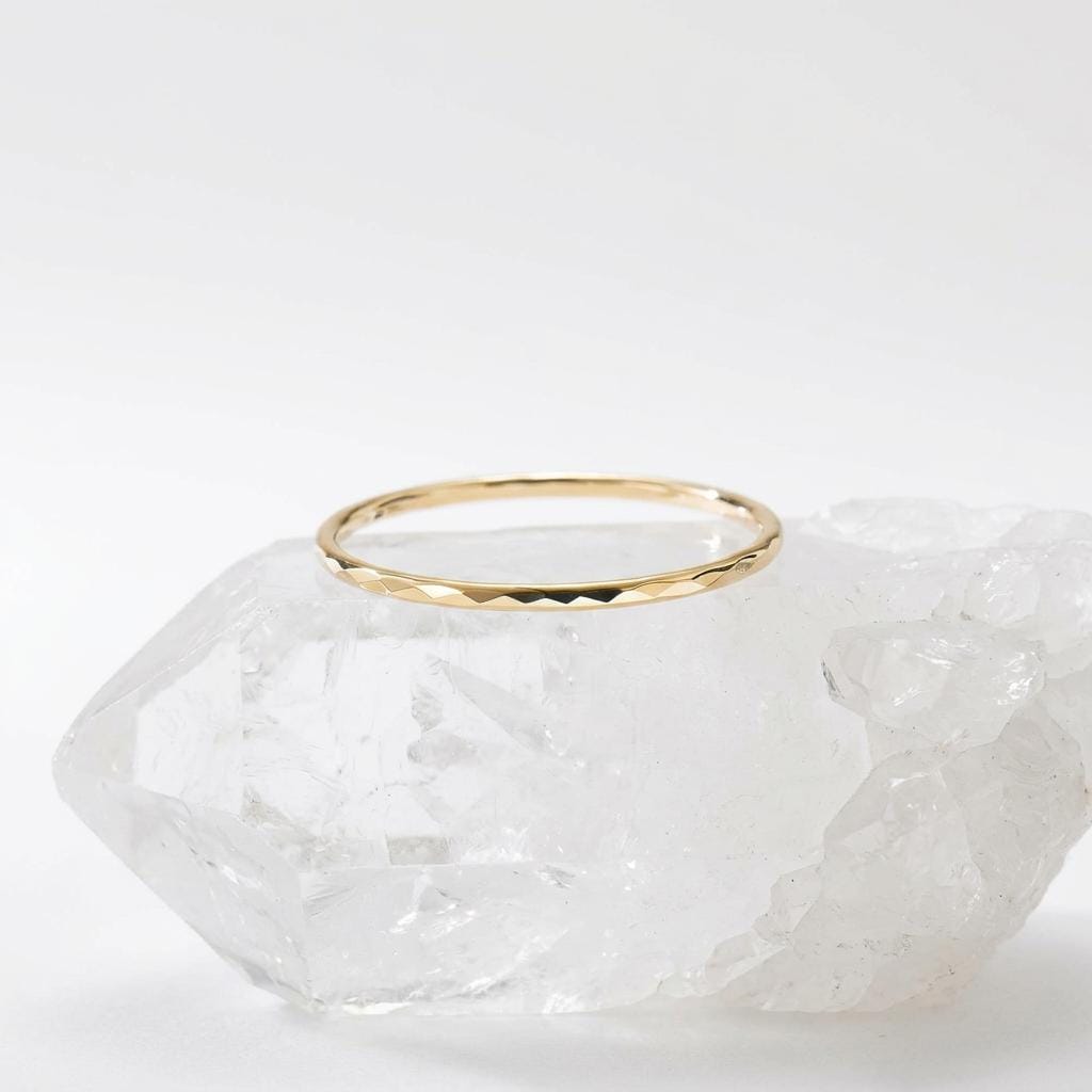 14K Solid Gold Faceted Pinky Ring Minimalist Cut Stacking Band