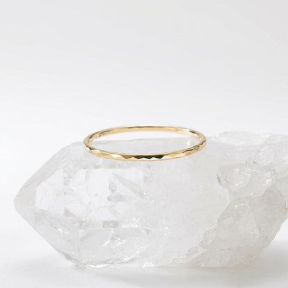 14K Solid Gold Faceted Pinky Ring Minimalist Cut Stacking Band