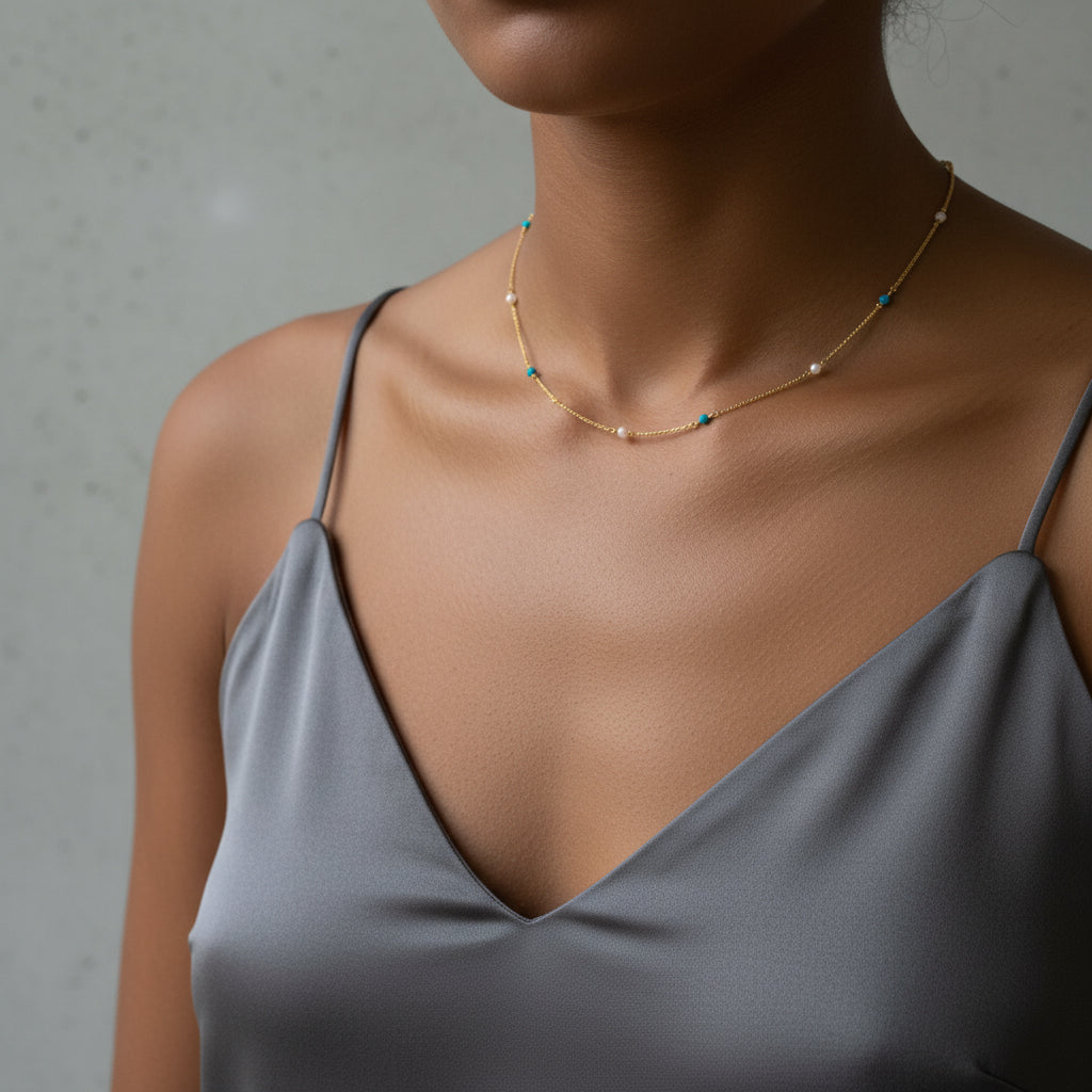 14K Gold Natural Turquoise & Pearl Necklace Everyday Necklace