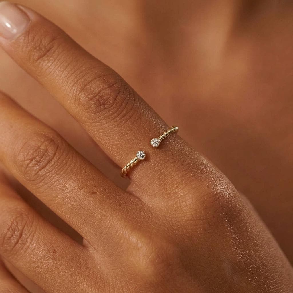 Solid 14K Gold Rope Twist Moissanite Open Ring Adjustable Band