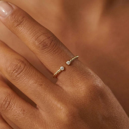 Solid 14K Gold Rope Twist Moissanite Open Ring Adjustable Band