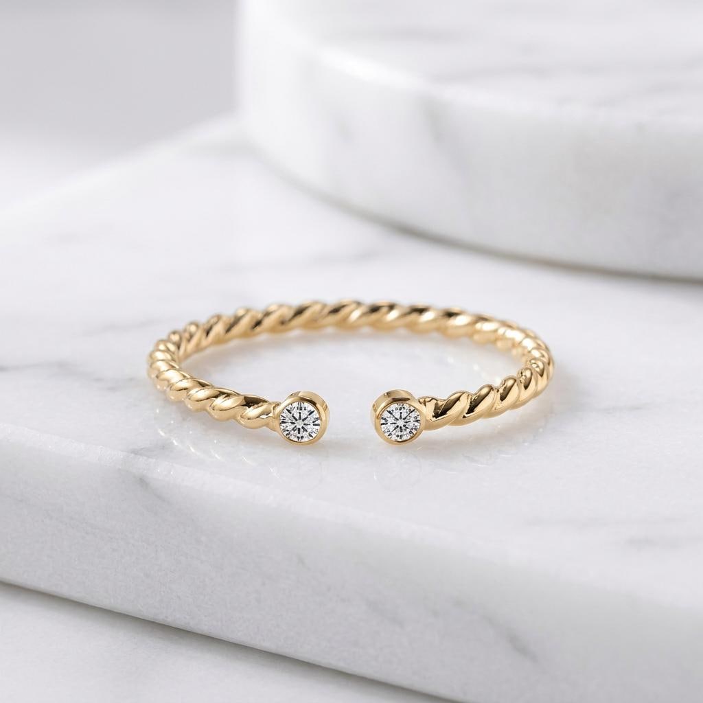 Solid 14K Gold Rope Twist Moissanite Open Ring Adjustable Band