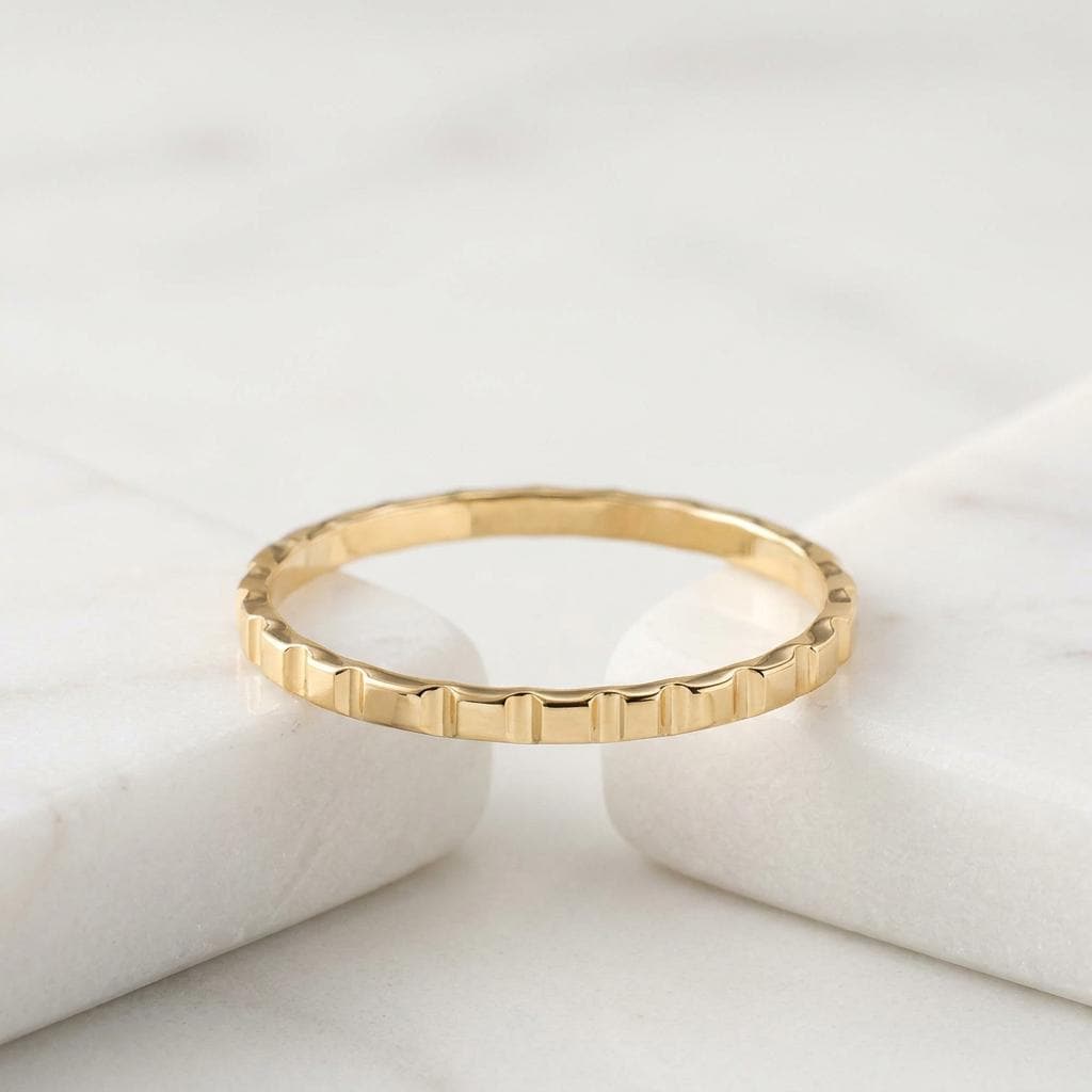 14K Solid Gold Cube Texture Ring, Geometric Square Wedding Ring