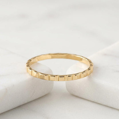 14K Solid Gold Cube Texture Ring, Geometric Square Wedding Ring