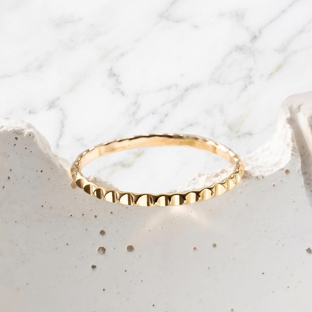 14K Solid Gold Engraved Gear Ring, Sparkly Striped Wedding