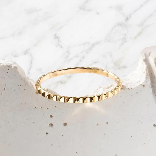 14K Solid Gold Engraved Gear Ring, Sparkly Striped Wedding
