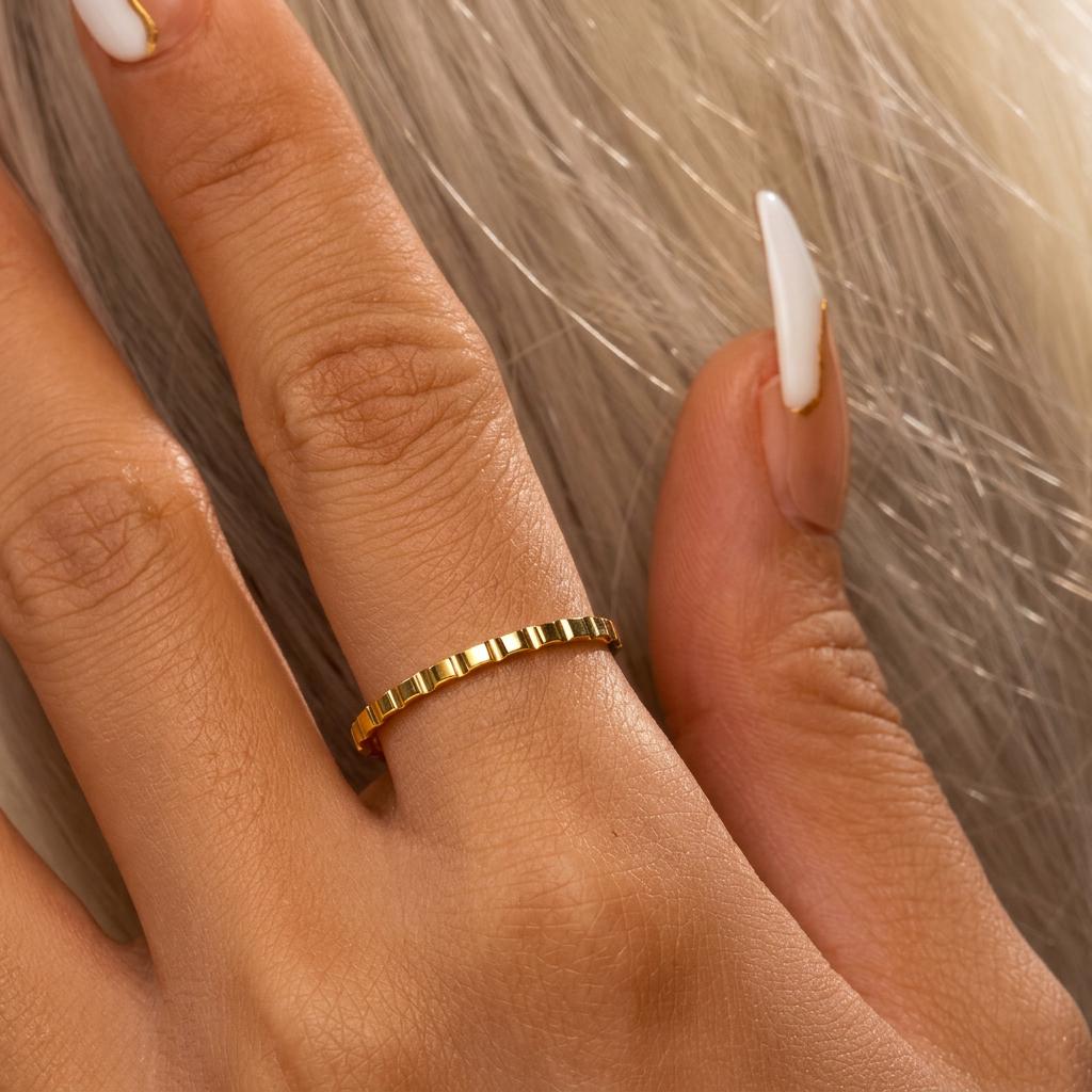 14K Solid Gold Cube Texture Ring, Geometric Square Wedding Ring