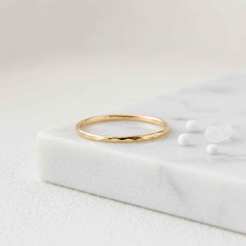 14K Solid Gold Faceted Pinky Ring Minimalist Cut Stacking Band
