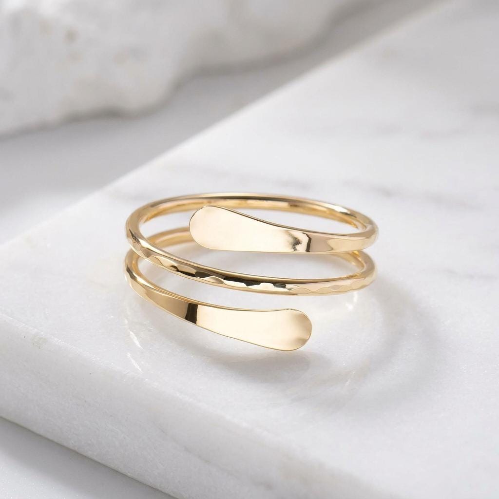 14K Solid Gold Multi Faceted Open Ring, Adjustable Cracked Cut Band