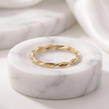 14K Solid Gold Handwoven Rope Ring, Braided Twist Stacking Band