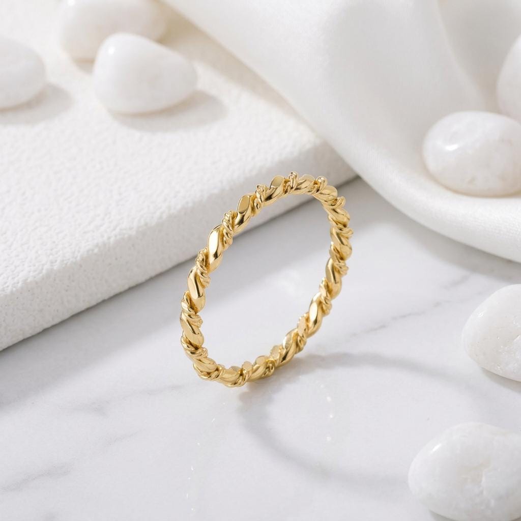 14K Solid Gold Rope Twist Ring, Stacking Ring for Women
