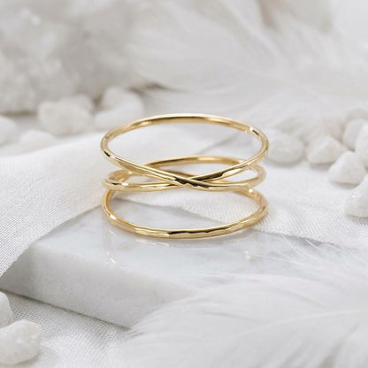 14K Solid Gold Multi Faceted Ring, Cross Twist Woven Band