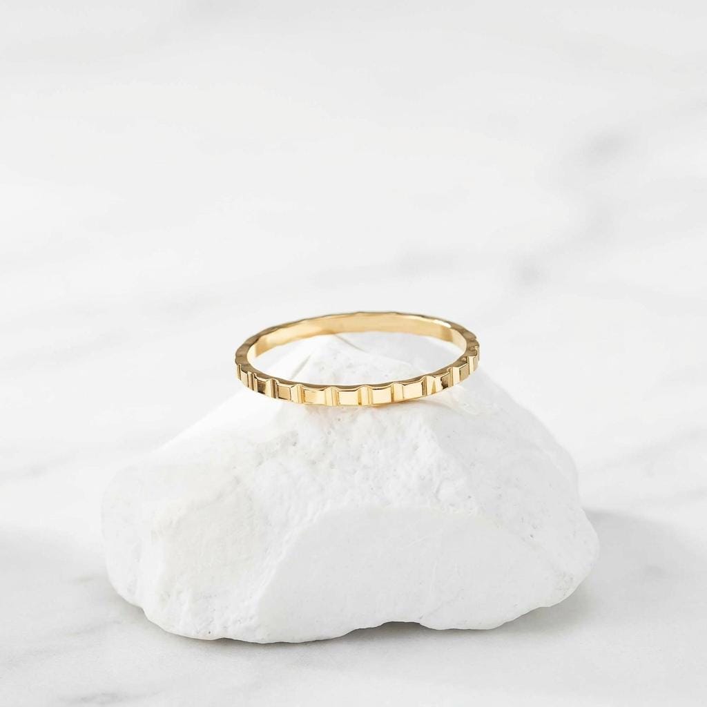 14K Solid Gold Cube Texture Ring, Geometric Square Wedding Ring