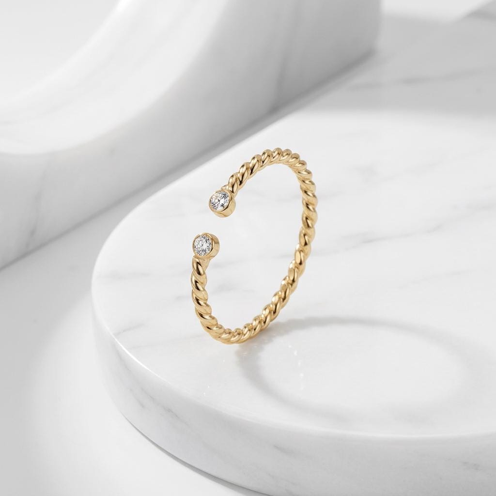 Solid 14K Gold Rope Twist Moissanite Open Ring Adjustable Band