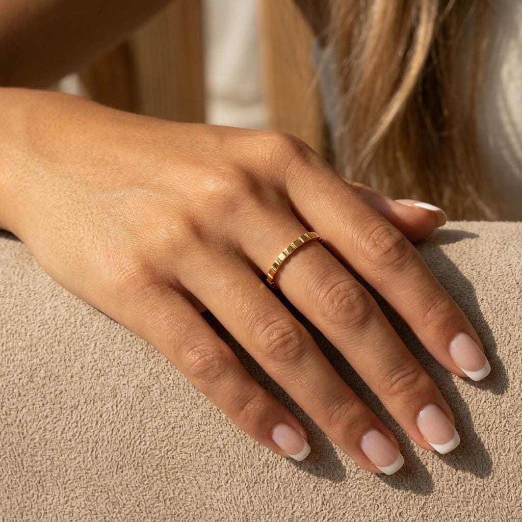 14K Solid Gold Cube Texture Ring, Geometric Square Wedding Ring