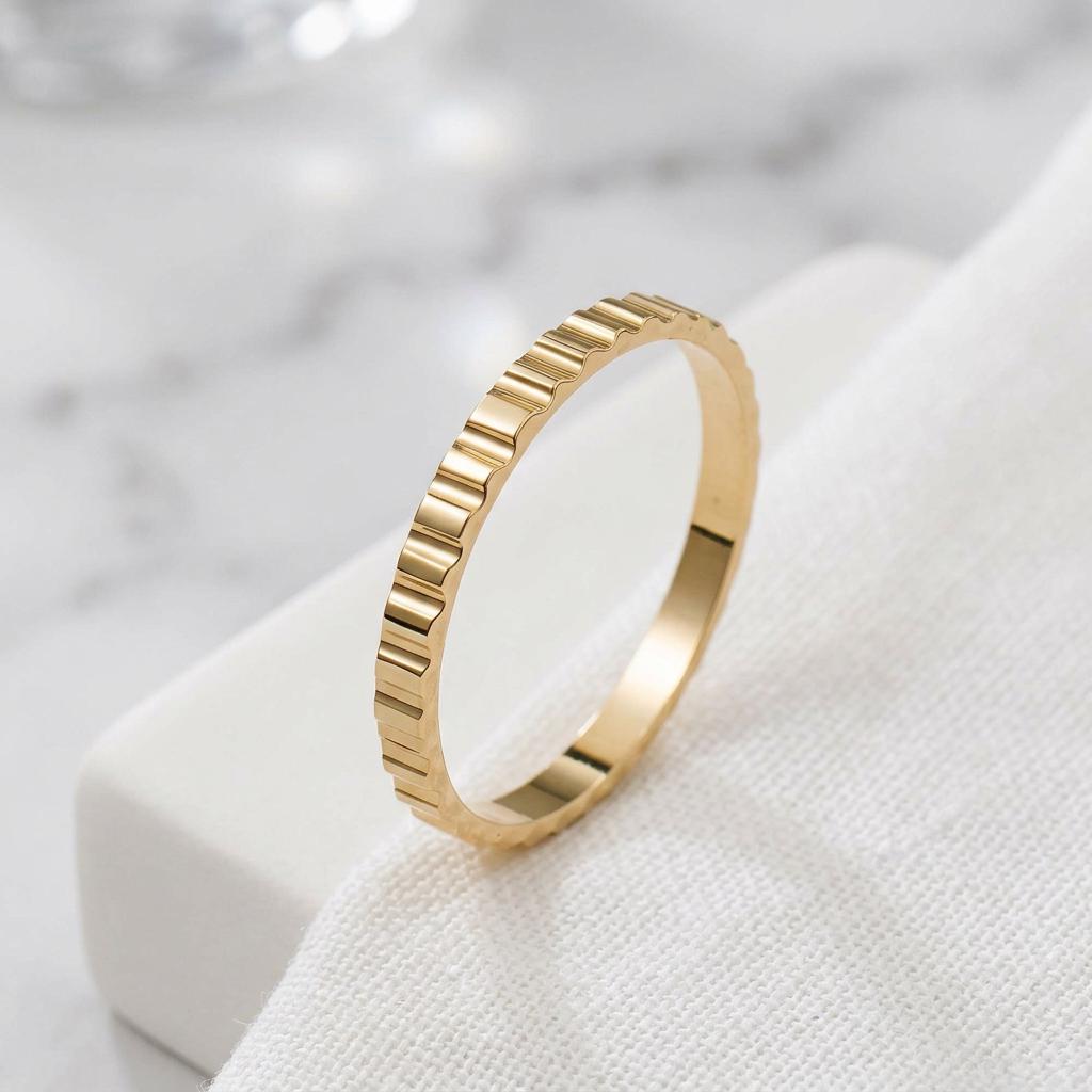 14K Solid Gold Tiny Bar Striped Ring Wedding Band